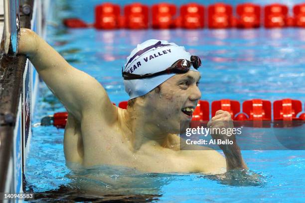 Lyndon Longhorne of Wear Valley SC celebrates after competing in the Men’s MC 150m Individual Medley Final during day six of the British Gas Swimming...