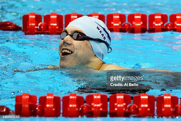 Lyndon Longhorne of Wear Valley SC celebrates after competing in the Men’s MC 150m Individual Medley Final during day six of the British Gas Swimming...