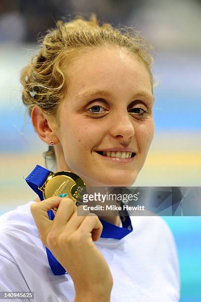 Francesca Halsall of Loughborough University S & WPC wins Gold in the Women’s 100m Freestyle Final during day six of the British Gas Swimming...