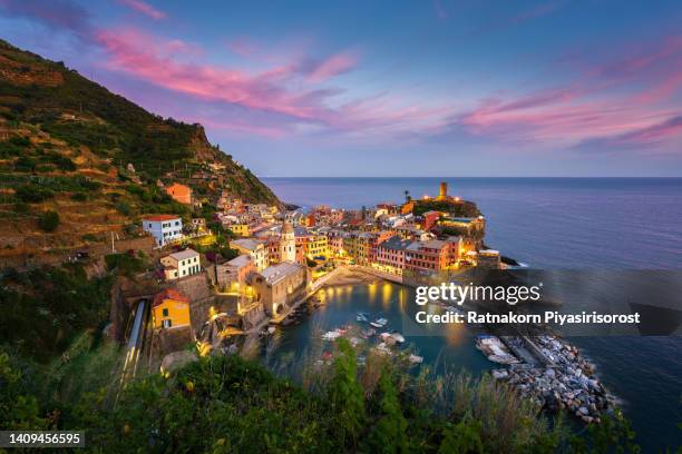 vernazza at sunset, cinque terre italian sea town, one of the most enchanting places in the cinque terre, liguria, italy - house golden hour stock pictures, royalty-free photos & images