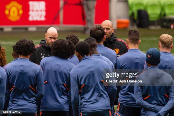 Manager Erik ten Hag of Manchester United in action during a Manchester United pre-season training session at AAMI Park on July 18, 2022 in...