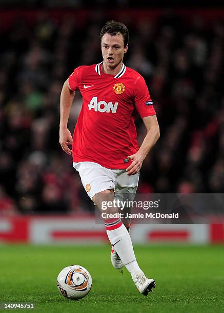 Jonny Evans of Manchester United in action during the UEFA Europa League Round of 16 first leg match between Manchester United and Athletic Bilbao at...