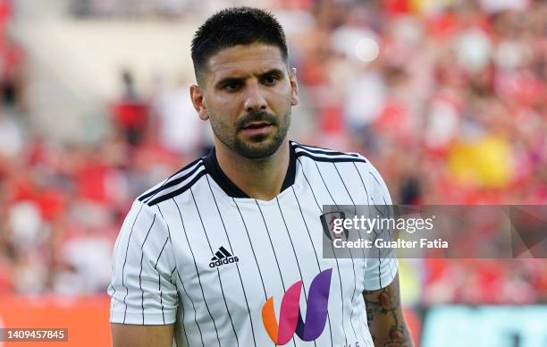 Aleksandar Mitrovic of Fulham FC before the start of the Trofeu do Algarve match between Fulham and SL Benfica at Estadio Algarve on July 17, 2022 in...