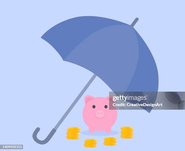 piggy bank and coins under umbrella. protecting money and savings. - under value stock illustrations