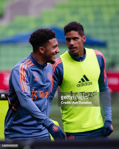 Jadon Sancho of Manchester United in action during a Manchester United pre-season training session at AAMI Park on July 18, 2022 in Melbourne,...