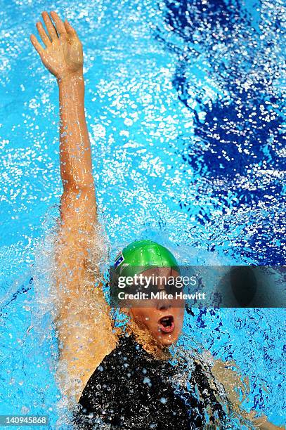 Karin Prinsloo of South Africa competes in the Women's 200m Backstroke Guests Final during day six of the British Gas Swimming Championships at The...