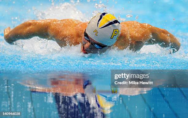 Antony James of Plymouth Leander SC competes in the Men's 100m Butterfly Semi Final 1 during day six of the British Gas Swimming Championships at The...