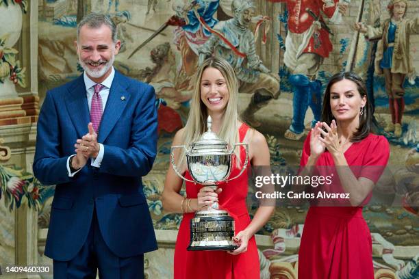 Maribel Nadal from Rafa Nadal Academy receive the Joaquim Blume Trophy from King Felipe VI of Spain and Queen Letizia of Spain during the National...