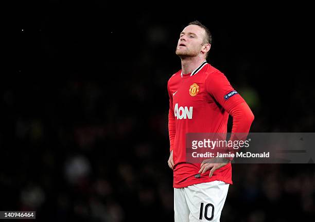Wayne Rooney of Manchester United looks dejected during the UEFA Europa League Round of 16 first leg match between Manchester United and Athletic...