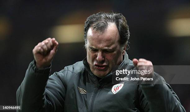 Manager Marcelo Bielsa of Athletic Club of Bilbao shows his frustration from the dugout during the UEFA Europa League Round of 16 first leg match...