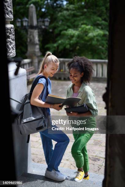 happy teenager schoolmates learning together in front of school. - summer university day 2 foto e immagini stock