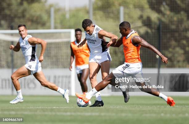 Daniel Ceballos player of Real Madrid is training with teammates at Valdebebas training ground on July 18, 2022 in Madrid, Spain.