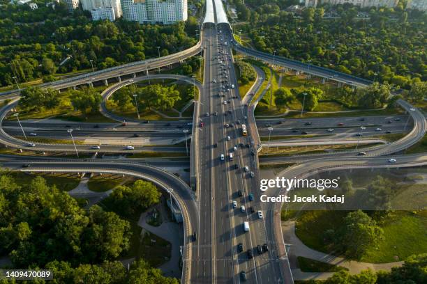 aerial drone top view of warsaw, poland - drone city building day ストックフォトと画像