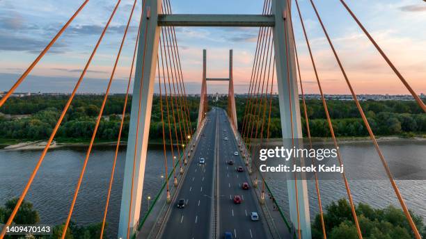 drone photo of siekierkowski bridge in warsaw capital city - drone city building day ストックフォトと画像