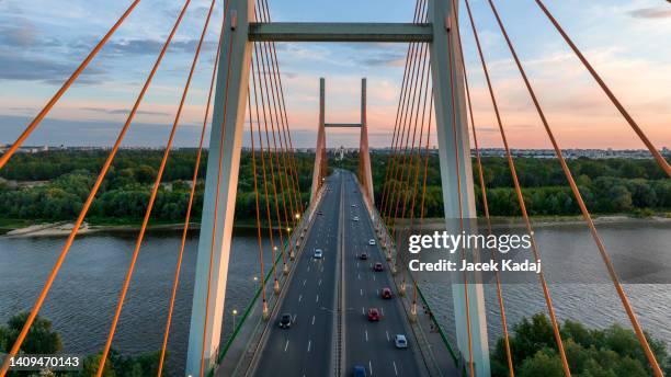 drone photo of siekierkowski bridge in warsaw capital city - warsaw river stock pictures, royalty-free photos & images