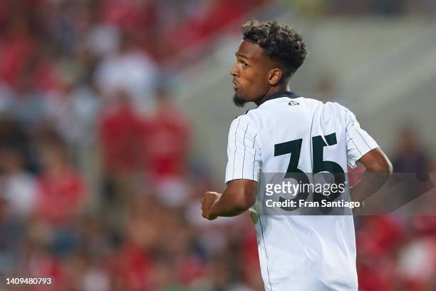 Tyrese Francois of Fulham looks on during the Trofeu do Algarve match between Fulham and SL Benfica at Estadio Algarve on July 17, 2022 in Faro,...