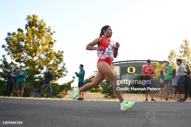 Aydee Huaman of Team Peru passes Autzen Stadium as she competes in the Women's Marathon on day four of the World Athletics Championships Oregon22 at...