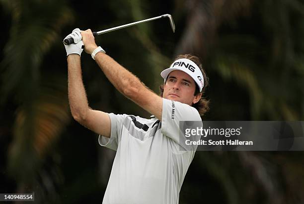Bubba Watson watches his tee shot on the 15th hole during first round of the World Golf Championships-Cadillac Championship on the TPC Blue Monster...