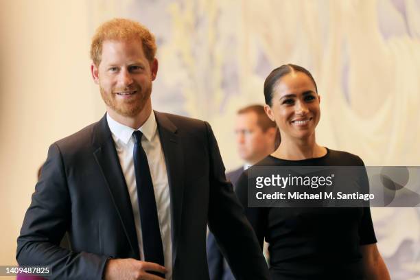 Prince Harry, Duke of Sussex and Meghan, Duchess of Sussex arrive at the United Nations Headquarters on July 18, 2022 in New York City. Prince Harry,...