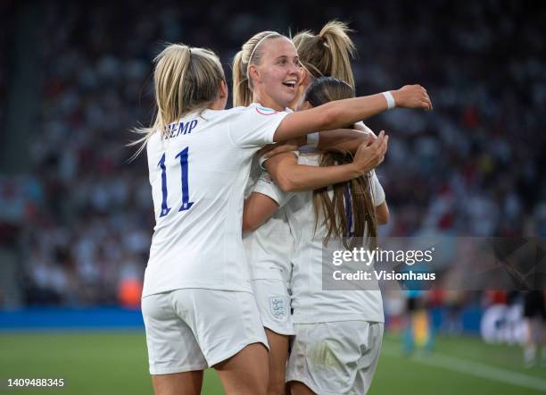 Lauren Hemp, Beth Mead of England celebrate with goalscorer Fran Kirby during the UEFA Women's Euro England 2022 group A match between Northern...
