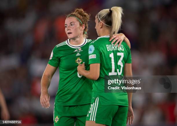 Marissa Callaghan of Northern Ireland consoles team mate Kelsie Burrows after she scores an own goal during the UEFA Women's Euro England 2022 group...