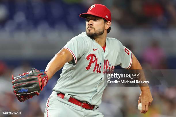 Brad Hand of the Philadelphia Phillies delivers a pitch during the eighth inning against the Miami Marlins at loanDepot park on July 15, 2022 in...