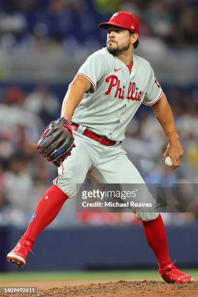 Brad Hand of the Philadelphia Phillies delivers a pitch during the eighth inning against the Miami Marlins at loanDepot park on July 15, 2022 in...