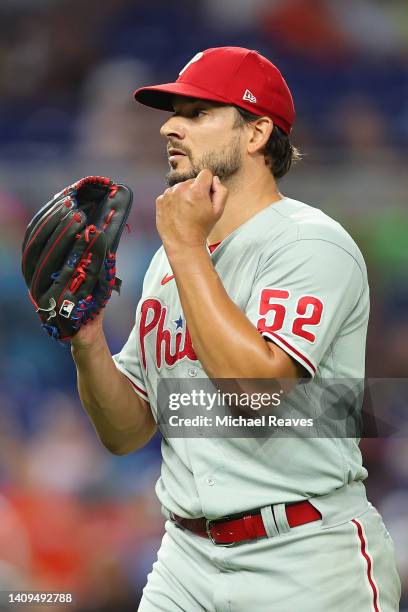 Brad Hand of the Philadelphia Phillies reacts during the eighth inning against the Miami Marlins at loanDepot park on July 15, 2022 in Miami, Florida.
