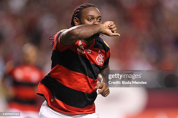 Vagner Love of Flamengo celebrates a scored goal againist of Emelec during a match between Flamengo and Emelec as part of Santander Libertadores Cup...