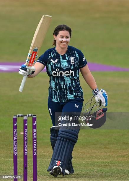 Tammy Beaumont of England celebrates reaching her century during the 3rd Royal London Series One Day International between England Women and South...
