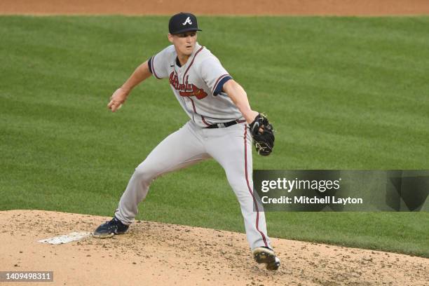 Kyle Wright of the Atlanta Braves pitches during a baseball game against the Washington Nationals at Nationals Park on July 14, 2022 in Washington,...