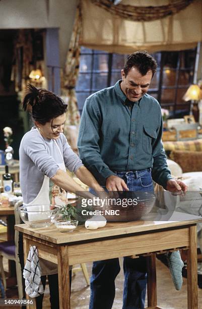 The One Where Monica and Richard Are Just Friends" Episode 13 -- Pictured: Courteney Cox Arquette as Monica Geller, Tom Selleck as Dr. Richard Burke...