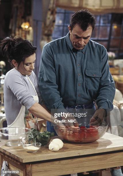 The One Where Monica and Richard Are Just Friends" Episode 13 -- Pictured: Courteney Cox Arquette as Monica Geller, Tom Selleck as Dr. Richard Burke...