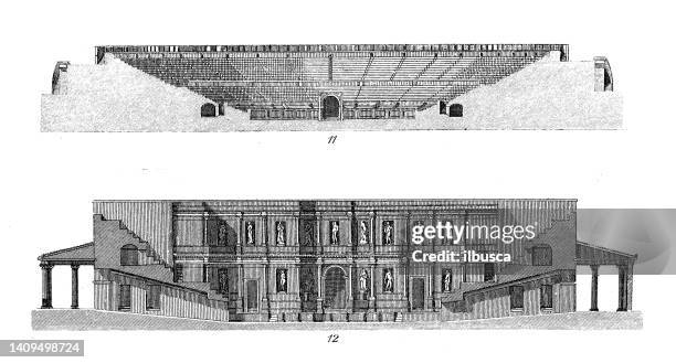 antique engraving illustration, civilization: theatre of herculaneum - herculaneum stock illustrations