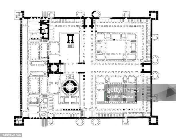 antique engraving illustration, civilization: diocletian's palace, split, croazia - palace stock illustrations