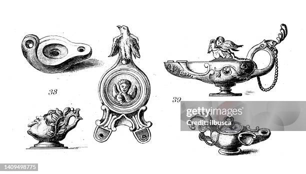 antique engraving illustration, civilization: roman lamps and other tools - oil lamp 幅插畫檔、美工圖案、卡通及圖標