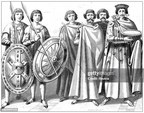 antique engraving illustration, civilization: emperor justinian i and guards - justinian i stock illustrations