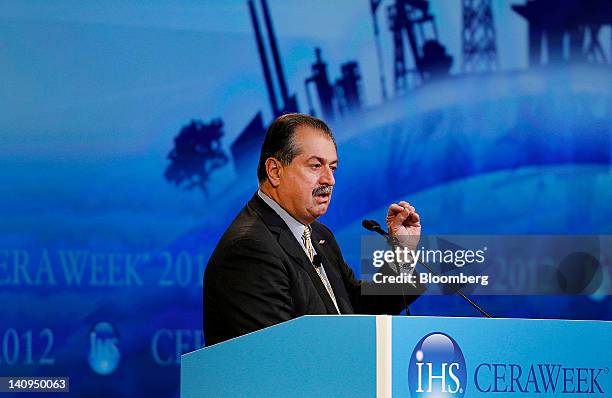 Andrew Liveris, president and chief executive officer of The Dow Chemical Co., speaks at the 2012 CERAWEEK conference in Houston, Texas, U.S., on...