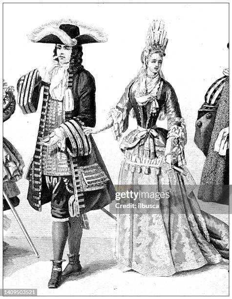 ilustrações de stock, clip art, desenhos animados e ícones de antique engraving illustration, civilization: french couple, 1690 - século xvii