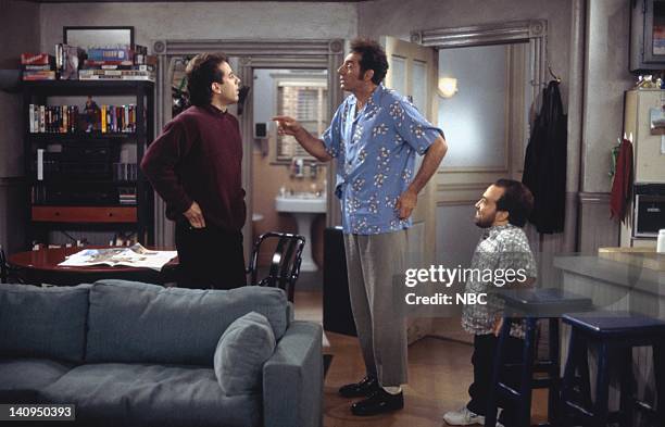 The Burning" Episode 16 -- Pictured: Jerry Seinfeld as Jerry Seinfeld, Michael Richards as Cosmo Kramer, Danny Woodburn as Mickey Abbott -- Photo by:...