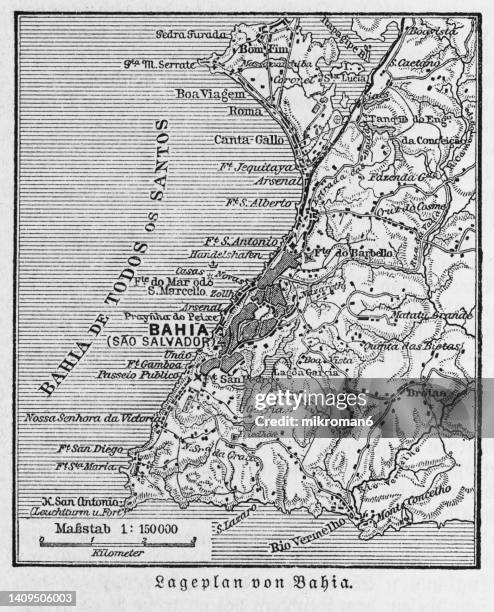 old engraved map of salvador, são salvador da bahia de todos os santos - capital city of the state of bahia, brazil - bahia state - fotografias e filmes do acervo