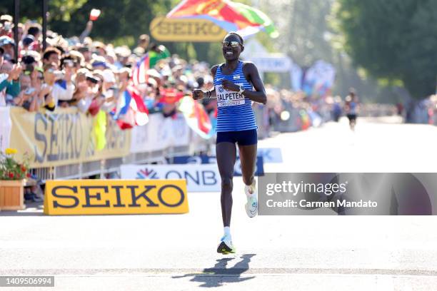 Lonah Chemtai Salpeter of Team Israel reacts as she wins bronze in the Women's Marathon on day four of the World Athletics Championships Oregon22 at...