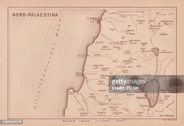 ilustraciones, imágenes clip art, dibujos animados e iconos de stock de mapa histórico del norte de palestina, litografía, publicada en 1891 - nuevo testamento