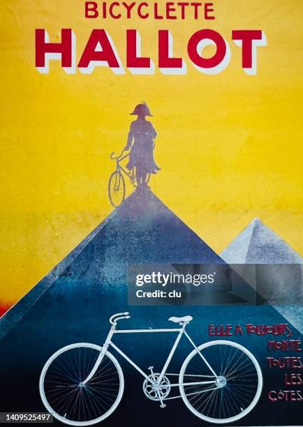 ad for hallot bicycles: the cyclist overcomes all obstacles like napoleon - egyptian patterns stock illustrations