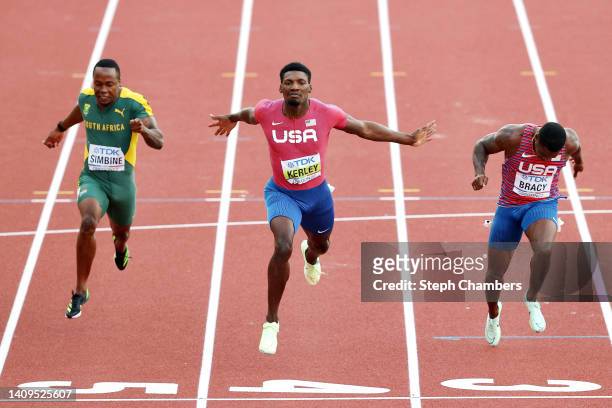 Fred Kerley of Team United States wins the Men's 100m Final on day two of the World Athletics Championships Oregon22 at Hayward Field on July 16,...