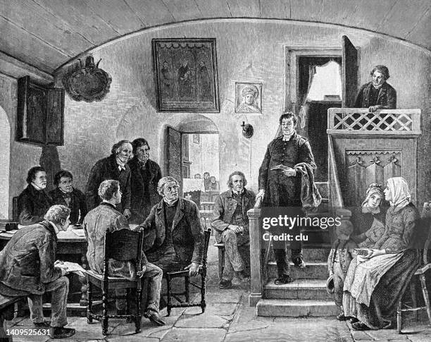 the pastor comes into the meeting room after the test sermon - german evangelist church stock illustrations