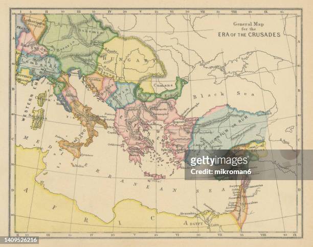 old chromolithograph general map of era of the crusades - southern europe fotografías e imágenes de stock