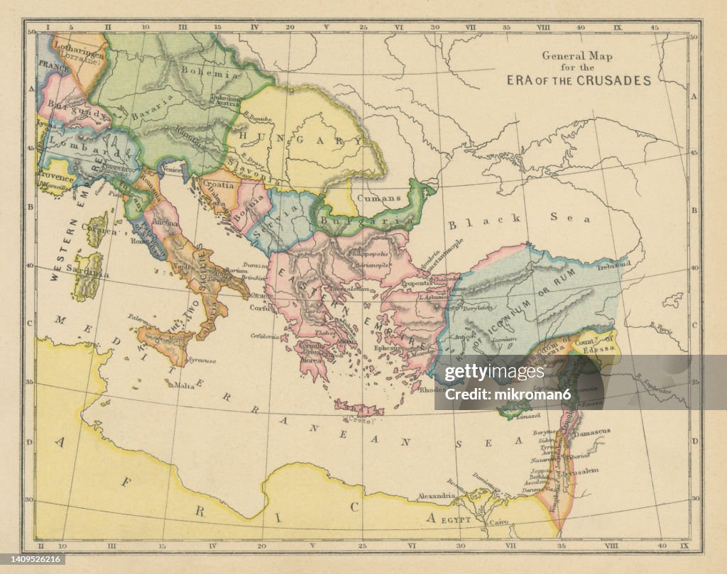 Old chromolithograph general map of era of the Crusades