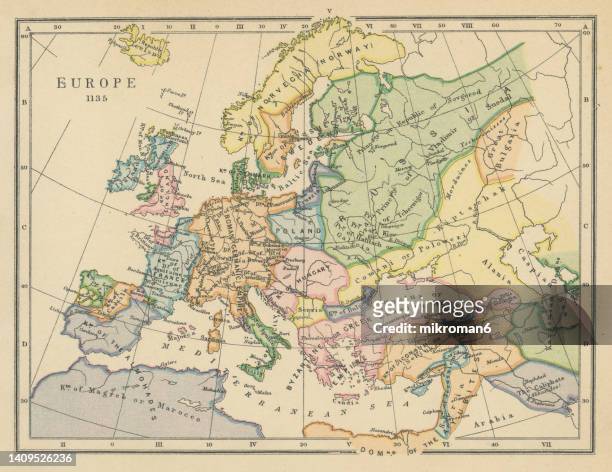 old chromolithograph map of europe in 1135 - circa 12th century stock pictures, royalty-free photos & images