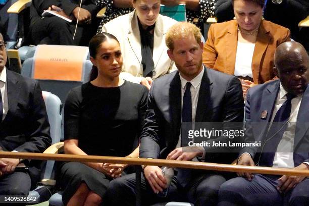 Prince Harry, the Duke of Sussex and Meghan, Duchess of Sussex listen to speakers at the General Assembly during the Nelson Mandela International Day...